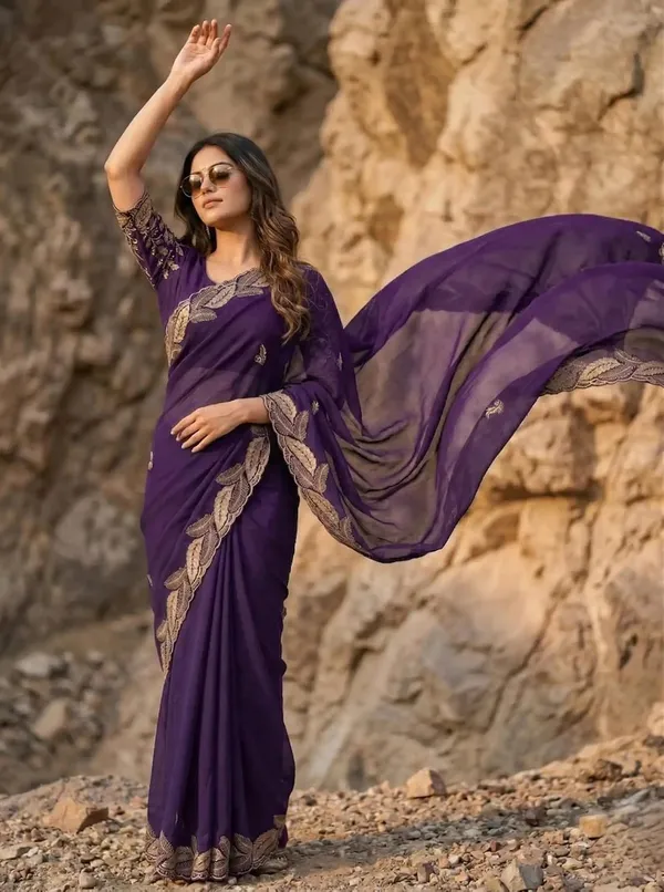 Lavender_Star_Georgette_Temple_Border_Saree_For_Women