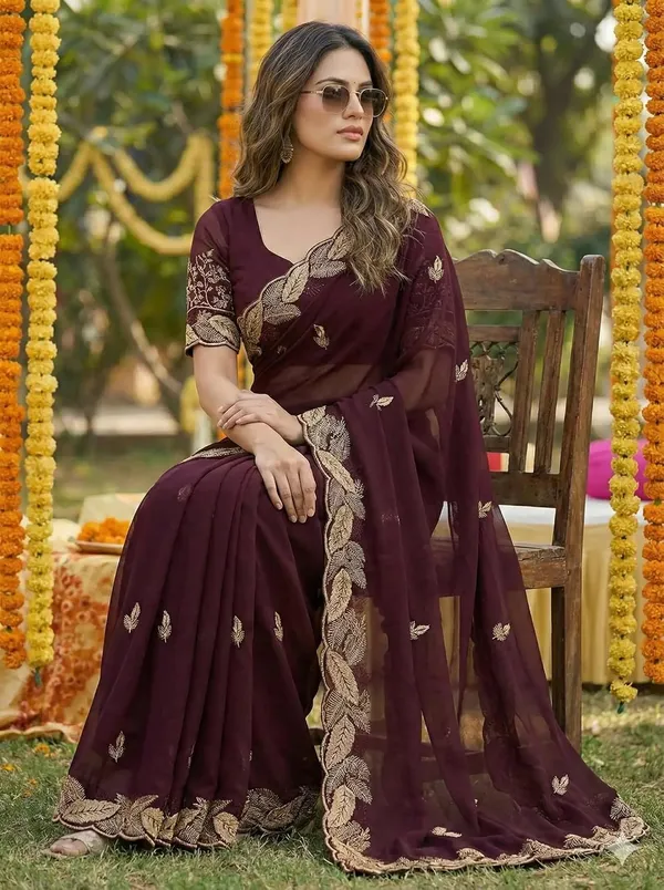 Maroon_Star_Georgette_Temple_Border_Saree_For_Women