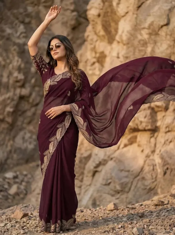 Maroon_Star_Georgette_Temple_Border_Saree_For_Women