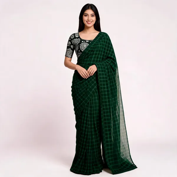 Green_Star_Georgette_Striped_Checkered_Saree_For_Women