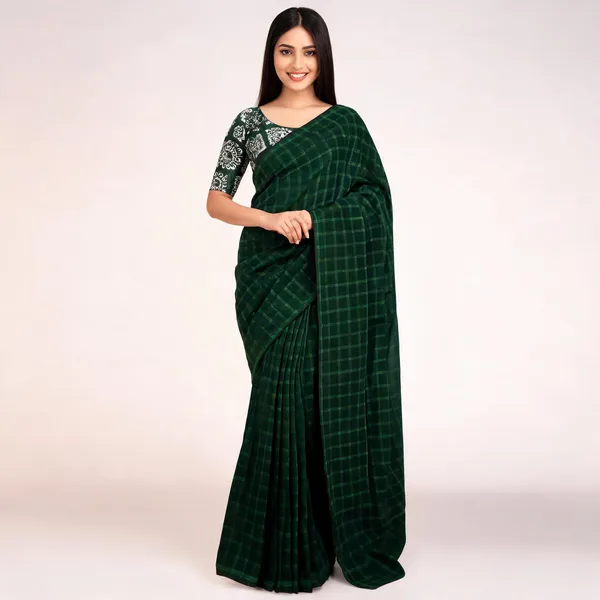 Green_Star_Georgette_Striped_Checkered_Saree_For_Women