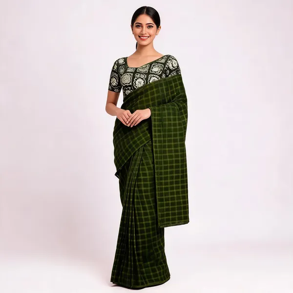Dark_Green_Star_Georgette_Checkered_Saree_For_Women
