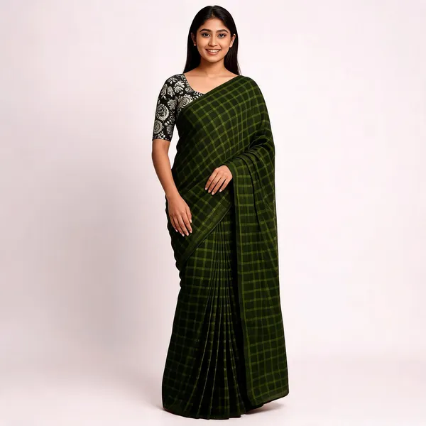 Dark_Green_Star_Georgette_Checkered_Saree_For_Women