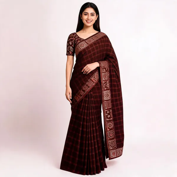 Maroon_Star_Georgette_Striped_Checkered_Saree_For_Women