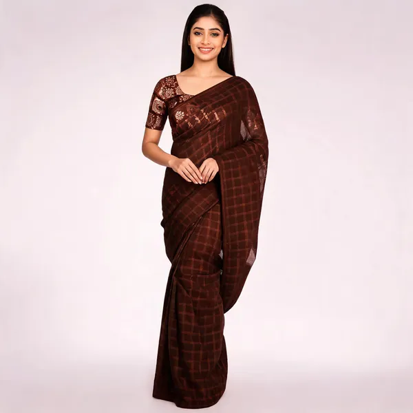Maroon_Star_Georgette_Striped_Checkered_Saree_For_Women