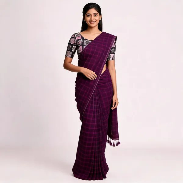 Purple_Star_Georgette_Striped_Checkered_Saree_For_Women