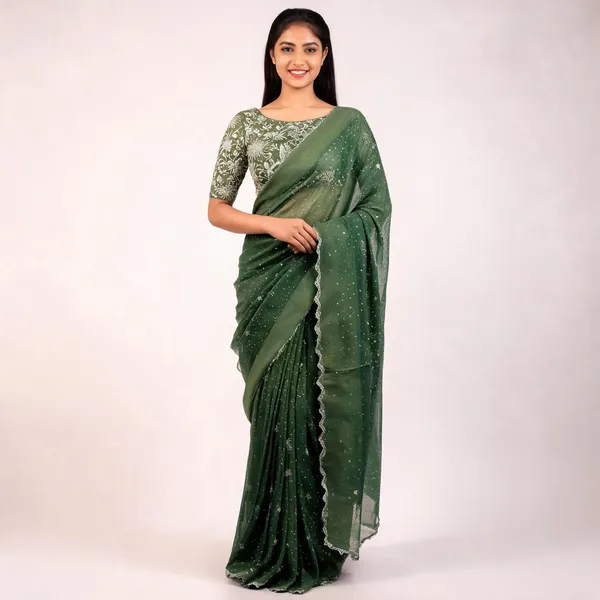 Dark_Green_Star_Georgette_Embroidered_Saree_For_Women