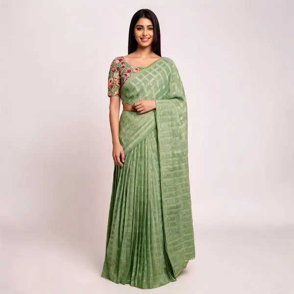 Green_Star_Georgette_Striped_Embroidered_Saree_For_Women