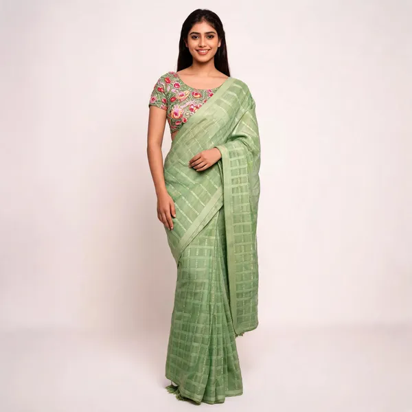 Green_Star_Georgette_Striped_Embroidered_Saree_For_Women