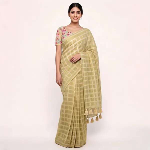 Yellow_Star_Georgette_Striped_Embroidered_Saree_For_Women