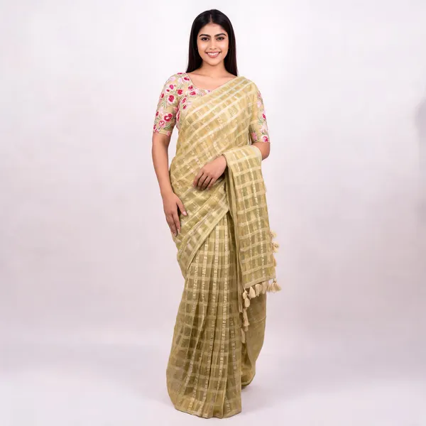 Yellow_Star_Georgette_Striped_Embroidered_Saree_For_Women