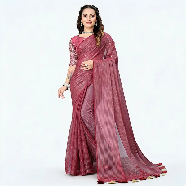 Pink_Star_Georgette_Striped_Saree_For_Women