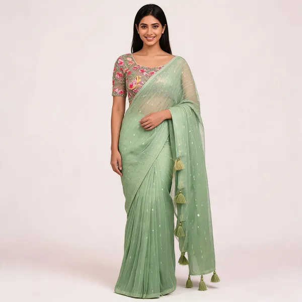 Light_Green_Star_Georgette_Saree_For_Women