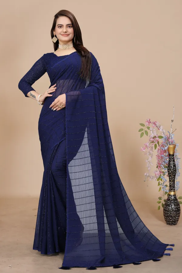 Dark_Blue_Star_Georgette_Dyed_Saree_For_Women