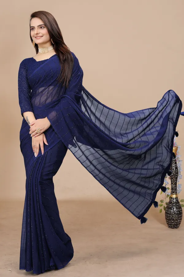 Dark_Blue_Star_Georgette_Dyed_Saree_For_Women