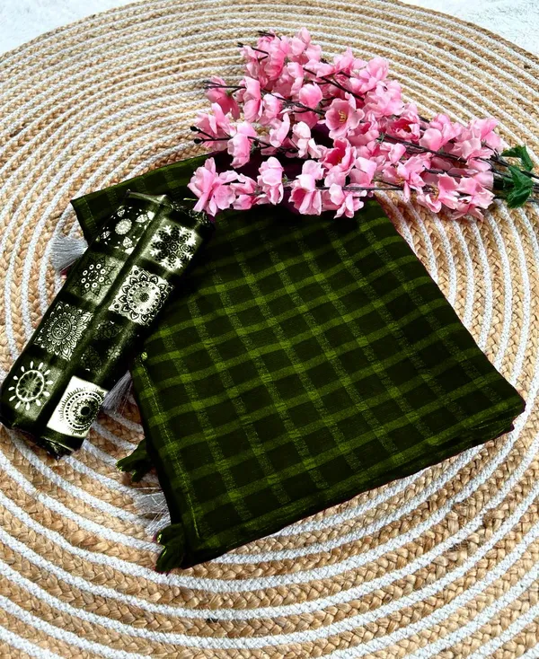 Dark_Green_Star_Georgette_Checkered_Saree_For_Women