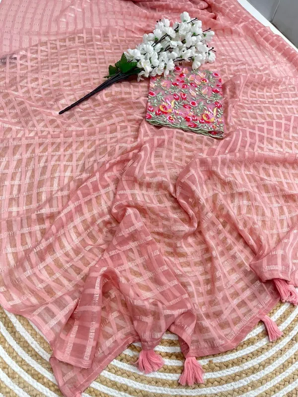 Pink_Star_Georgette_Striped_Saree_For_Women