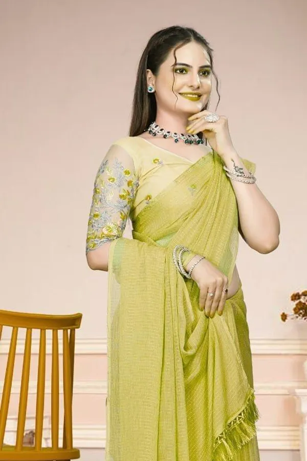 Yellow_Star_Georgette_Striped_Embroidered_Saree_For_Women