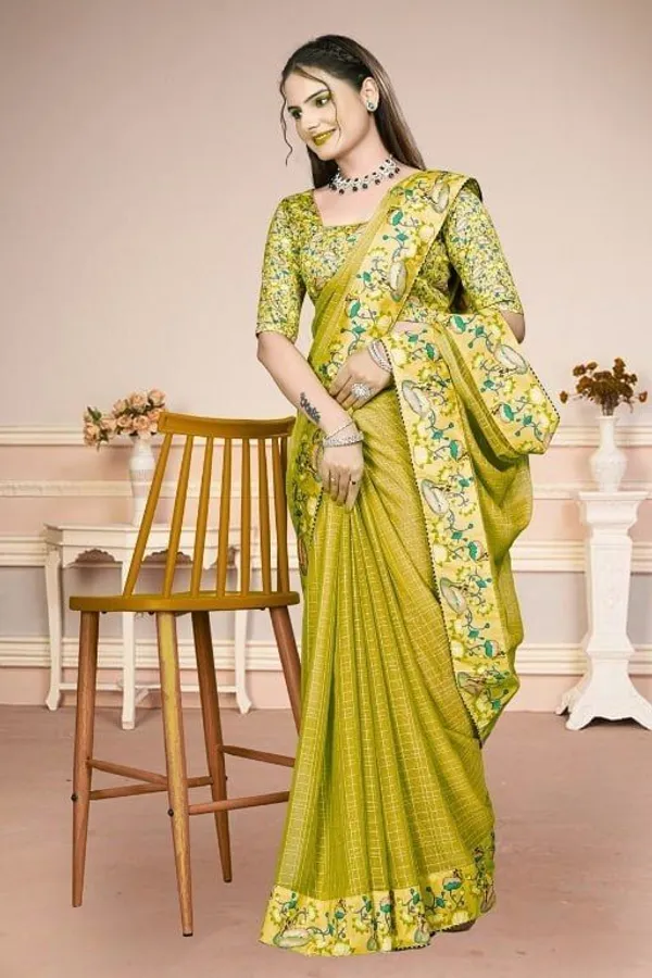 Yellow_Star_Georgette_Checkered_Printed_Saree_For_Women