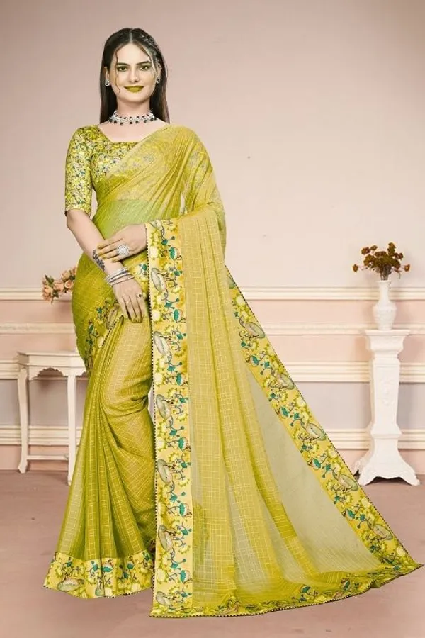 Yellow_Star_Georgette_Checkered_Saree_For_Women