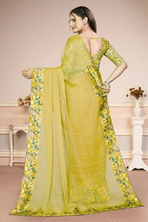 Yellow_Star_Georgette_Checkered_Saree_For_Women