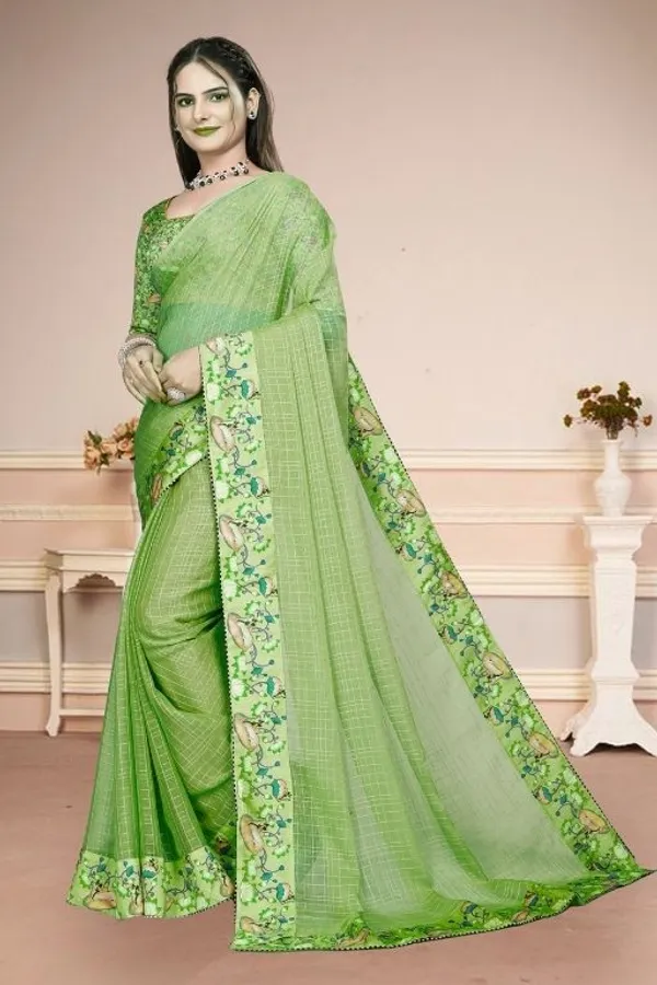 Light_Green_Star_Georgette_Checkered_Saree_For_Women
