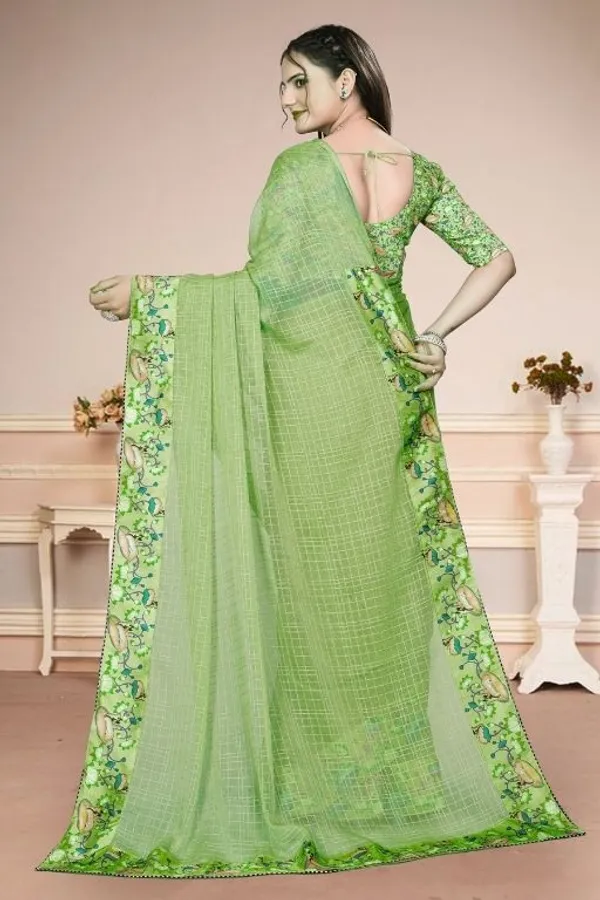 Light_Green_Star_Georgette_Checkered_Saree_For_Women