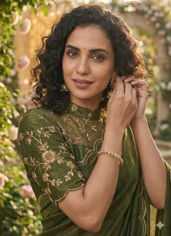 Dark_Green_Star_Georgette_Embroidered_Saree_For_Women