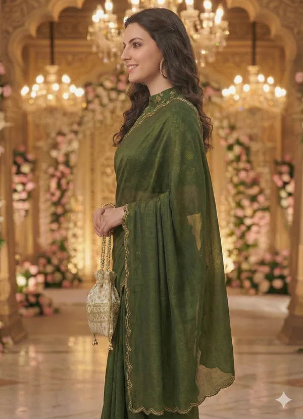Dark_Green_Star_Georgette_Embroidered_Saree_For_Women