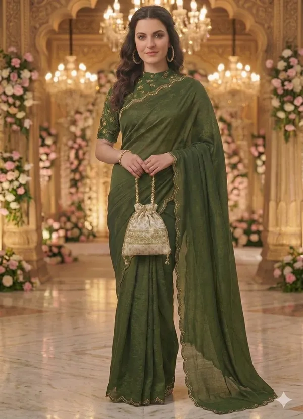 Dark_Green_Star_Georgette_Embroidered_Saree_For_Women
