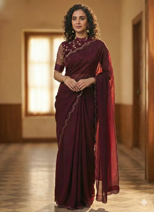 Dark_Maroon_Star_Georgette_Embroidered_Saree_For_Women