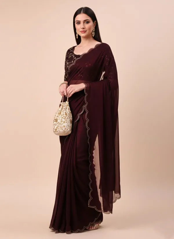 Dark_Maroon_Star_Georgette_Embroidered_Saree_For_Women