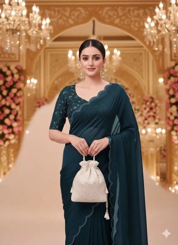 Dark_Green_Star_Georgette_Embroidered_Saree_For_Women
