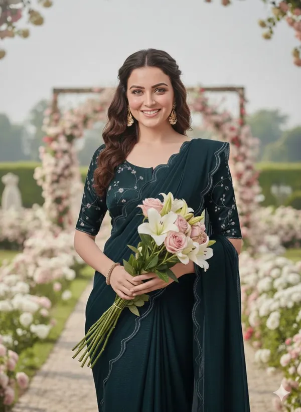Dark_Green_Star_Georgette_Embroidered_Saree_For_Women