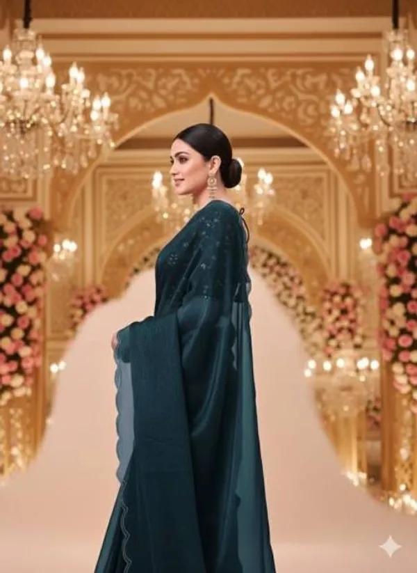 Dark_Green_Star_Georgette_Embroidered_Saree_For_Women