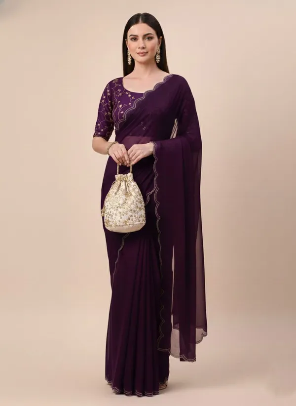 Dark_Maroon_Star_Georgette_Embroidered_Saree_For_Women