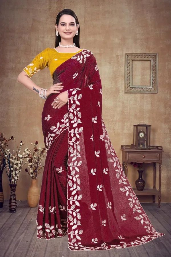 Maroon_Star_Georgette_Floral_Print_Saree_For_Women