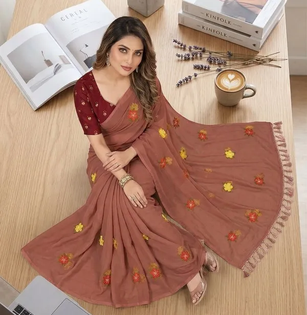 Brown_Star_Georgette_Embroidered_Saree_For_Women