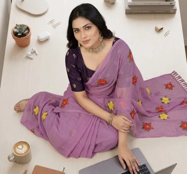 Light_Pink_Star_Georgette_Embroidered_Saree_For_Women