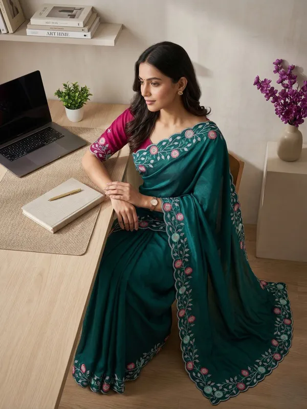 Green_Star_Georgette_Embroidered_Bhagalpuri_Saree_For_Women