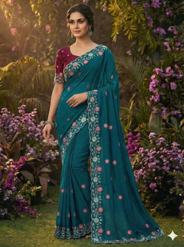 Green_Star_Georgette_Embroidered_Bhagalpuri_Saree_For_Women