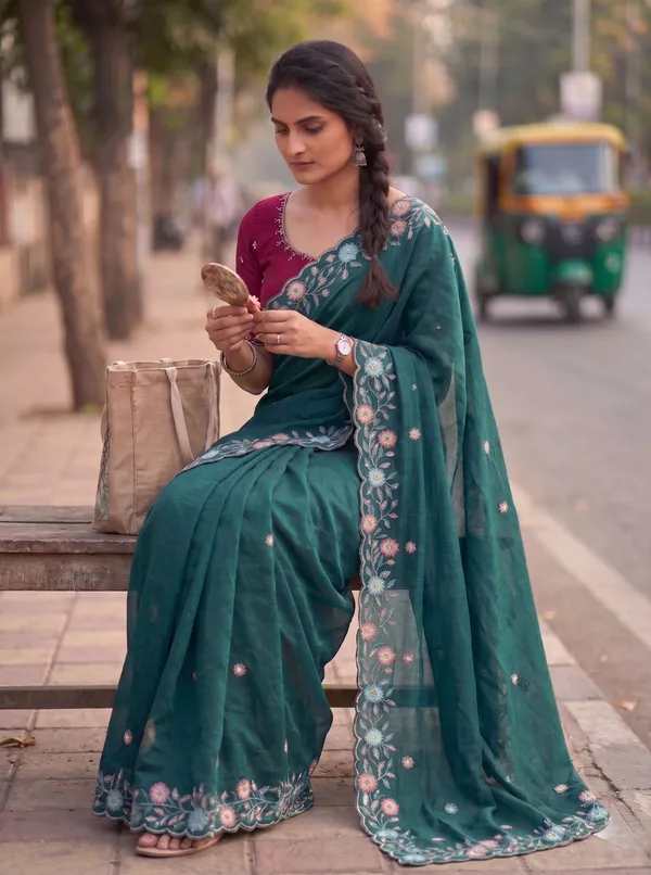Green_Star_Georgette_Embroidered_Bhagalpuri_Saree_For_Women