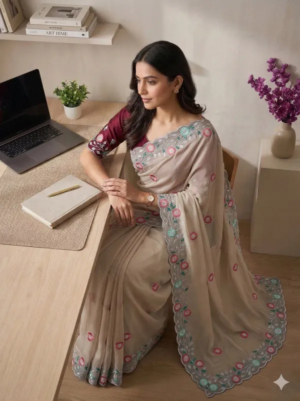 Cream_Star_Georgette_Embroidered_Bhagalpuri_Saree_For_Women