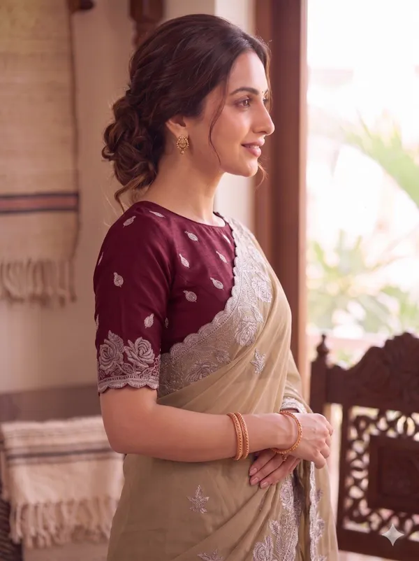 Cream_Maroon_Star_Georgette_Embroidered_Saree_For_Women