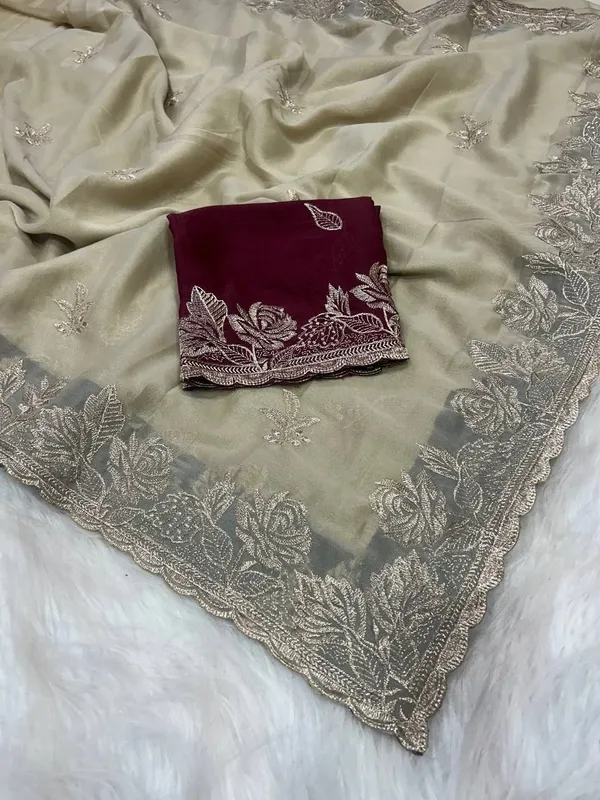 Cream_Maroon_Star_Georgette_Embroidered_Saree_For_Women
