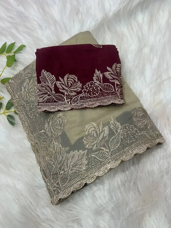 Cream_Maroon_Star_Georgette_Embroidered_Saree_For_Women