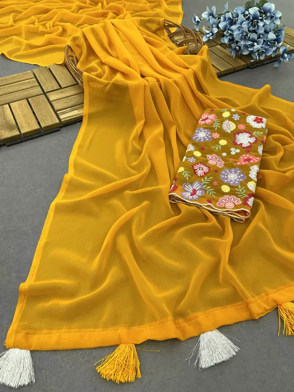 Yellow_Star_Georgette_Solid_Plain_Saree_For_Women