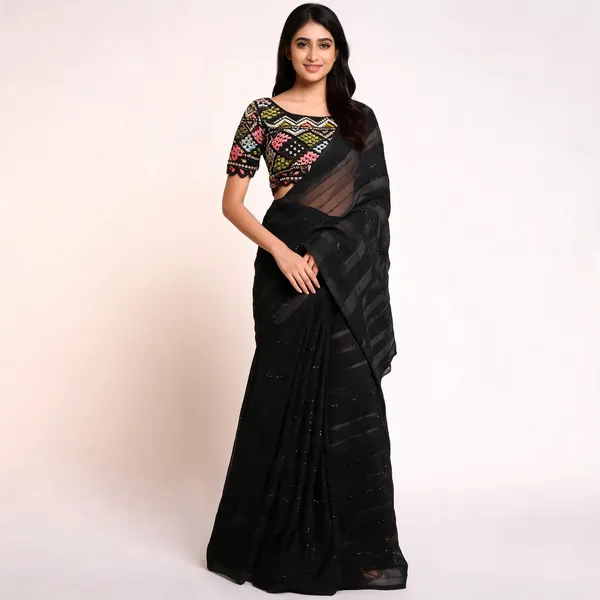Black_Star_Georgette_Striped_Bollywood_Saree_For_Women