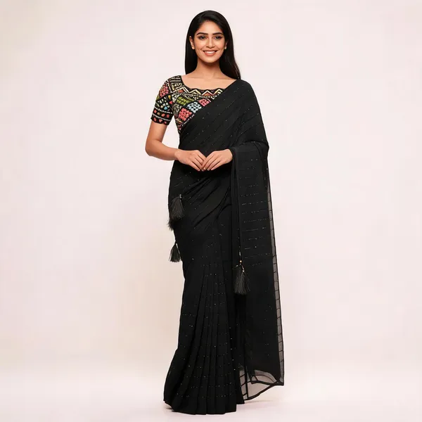 Black_Star_Georgette_Striped_Bollywood_Saree_For_Women