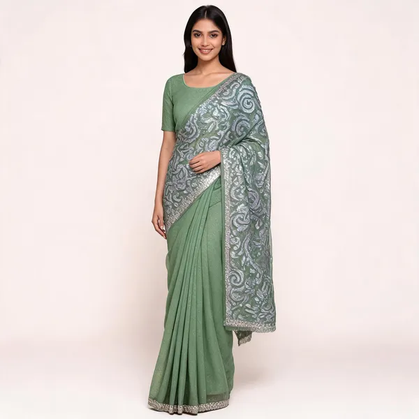 Green_Star_Georgette_Striped_Embroidered_Saree_For_Women